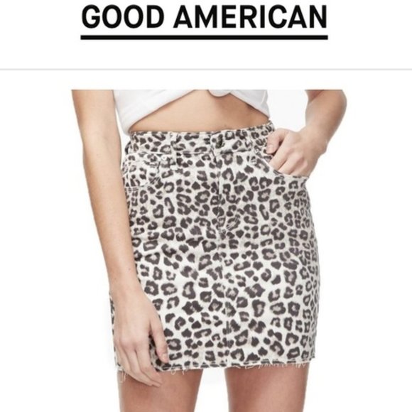 New Good American raw edge snow leopard animal print high rise denim mini skirt